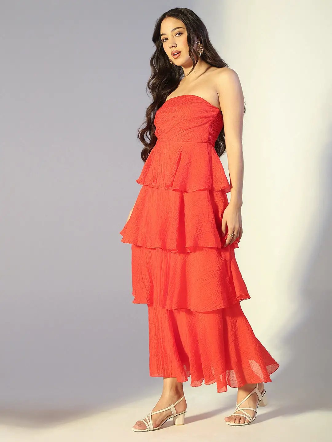 Women's Red Layered Ruffle Strapless Maxi Dress