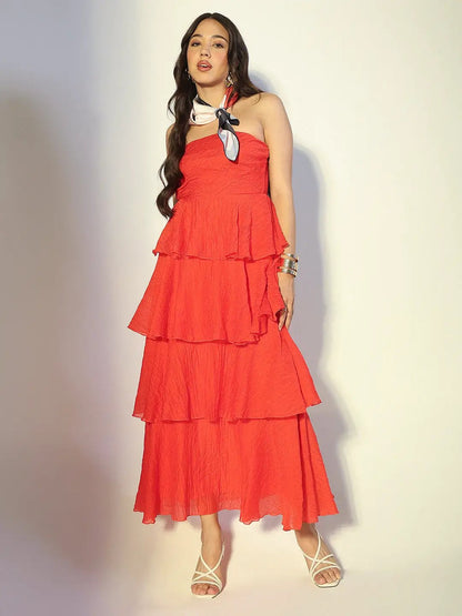 Women's Red Layered Ruffle Strapless Maxi Dress
