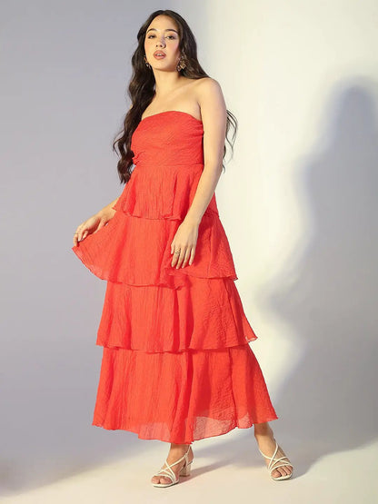 Women's Red Layered Ruffle Strapless Maxi Dress