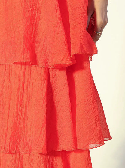 Women's Red Layered Ruffle Strapless Maxi Dress