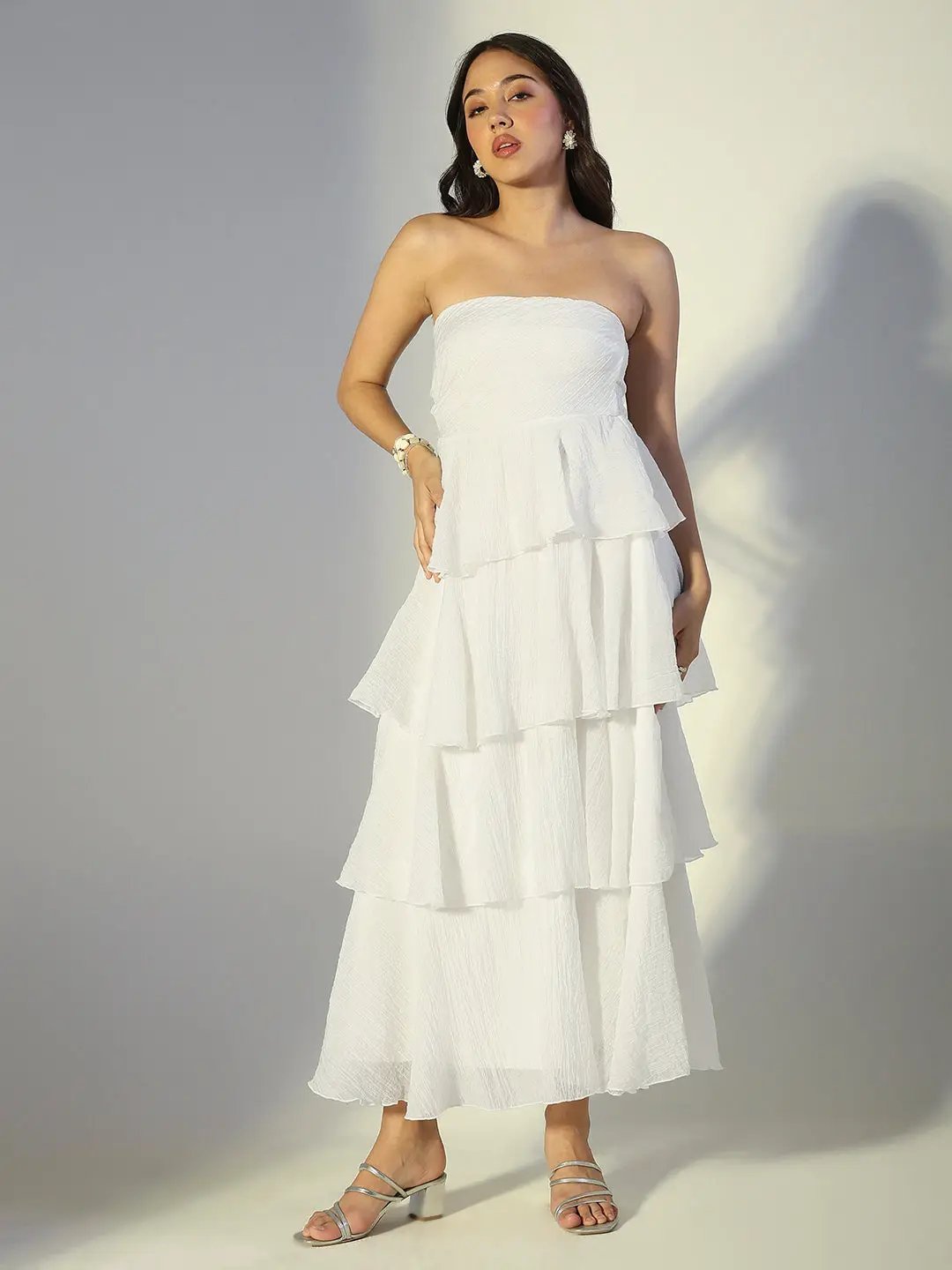 Women's White Layered Ruffle Strapless Maxi Dress