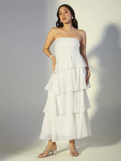 Women's White Layered Ruffle Strapless Maxi Dress