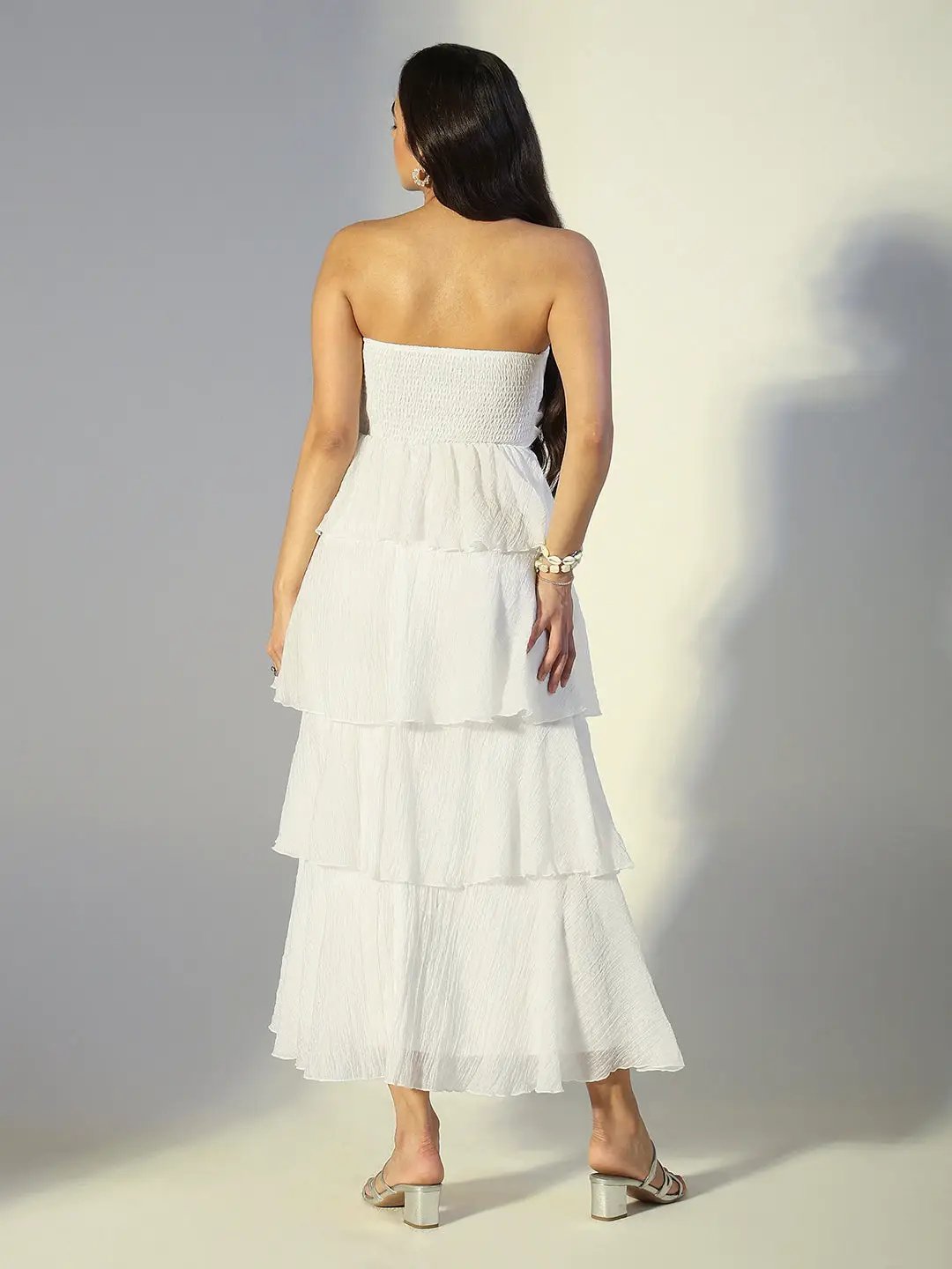 Women's White Layered Ruffle Strapless Maxi Dress