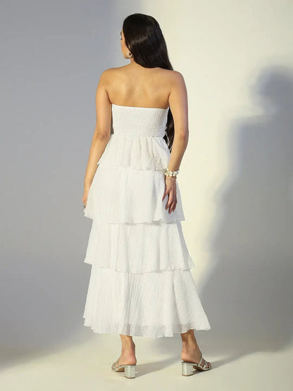 Women's White Layered Ruffle Strapless Maxi Dress