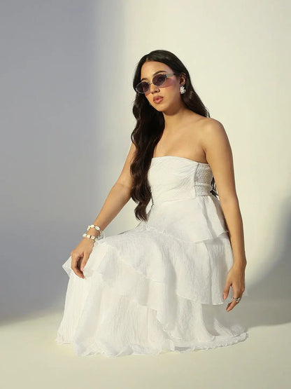 Women's White Layered Ruffle Strapless Maxi Dress