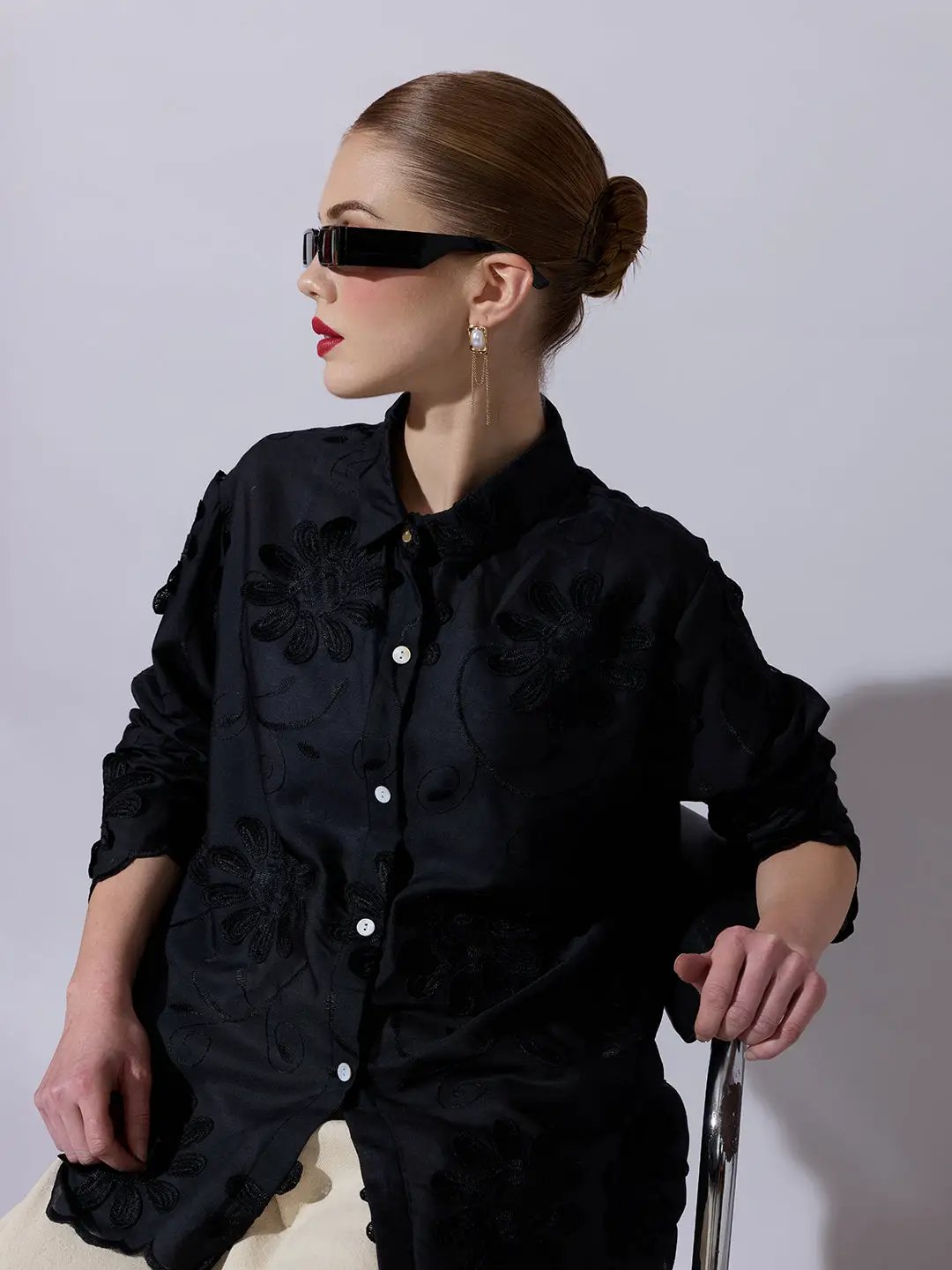 Women's Black Shirt with Floral Applique Detail