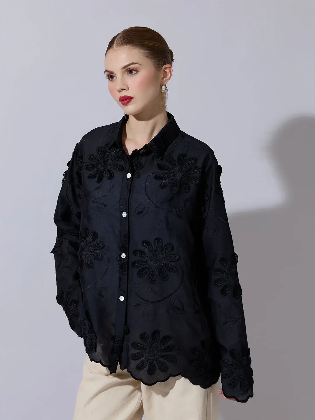 Women's Black Shirt with Floral Applique Detail