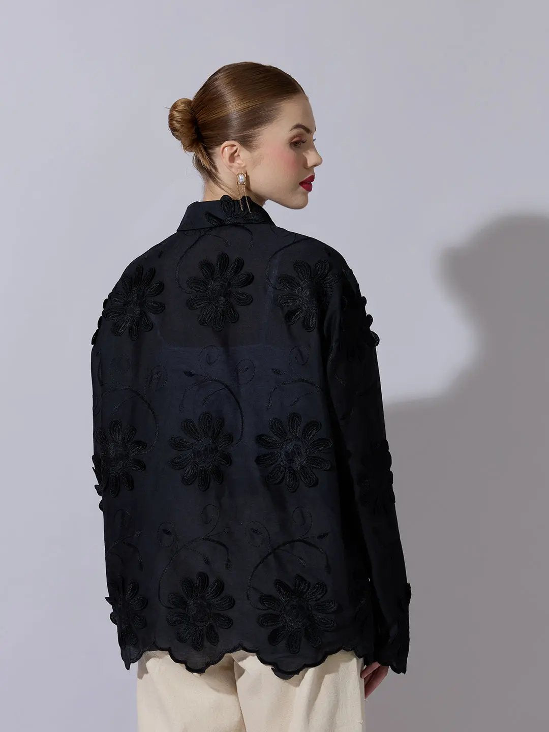 Women's Black Shirt with Floral Applique Detail