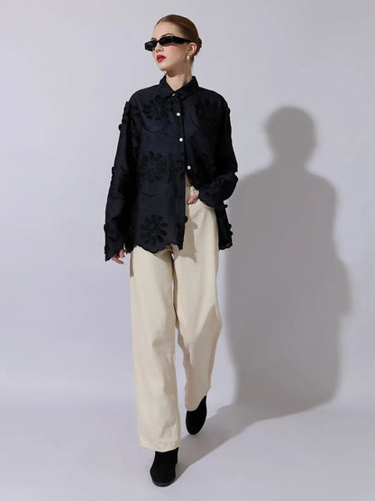 Women's Black Shirt with Floral Applique Detail