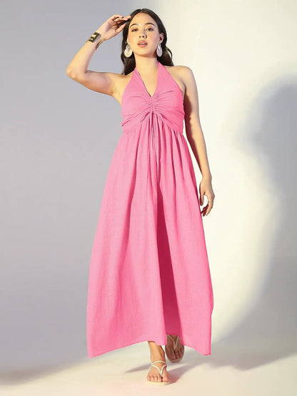 Women's Pink Halter Neck Maxi Dress