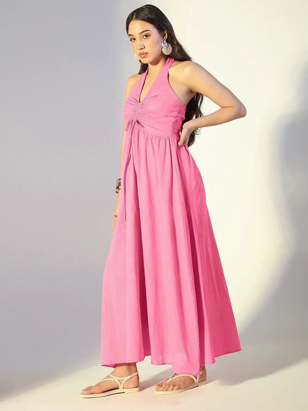 Women's Pink Halter Neck Maxi Dress