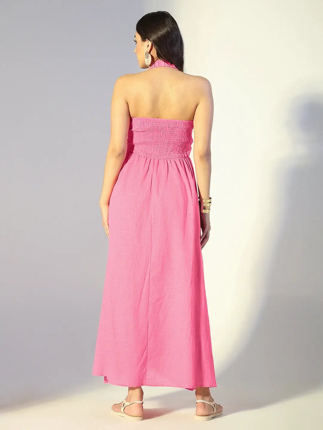 Women's Pink Halter Neck Maxi Dress