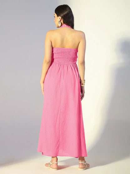 Women's Pink Halter Neck Maxi Dress