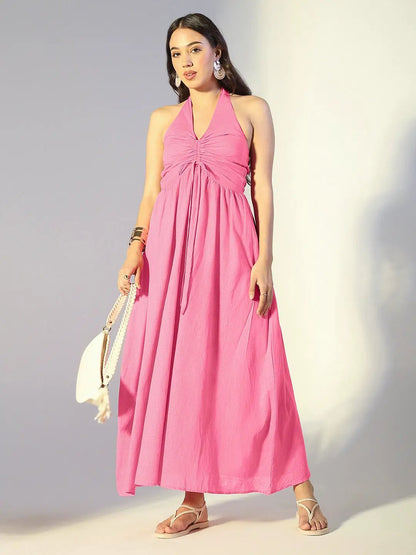 Women's Pink Halter Neck Maxi Dress