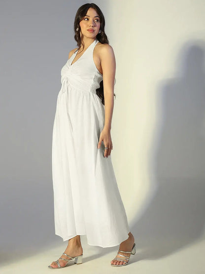 Women's White Halter Neck Maxi Dress