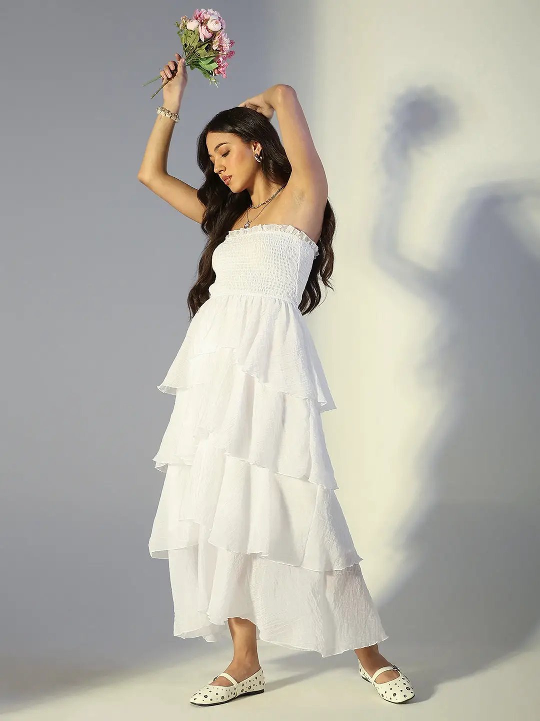 Women's White Smocked Strapless Layered Ruffle Dress