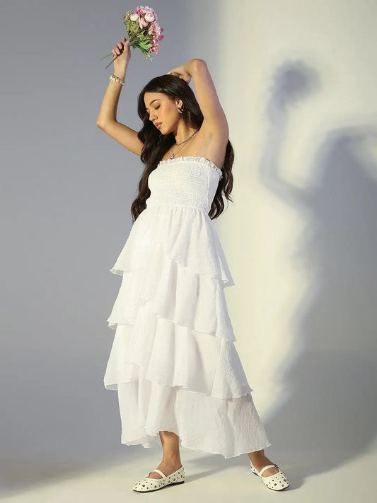 Women's White Smocked Strapless Layered Ruffle Dress