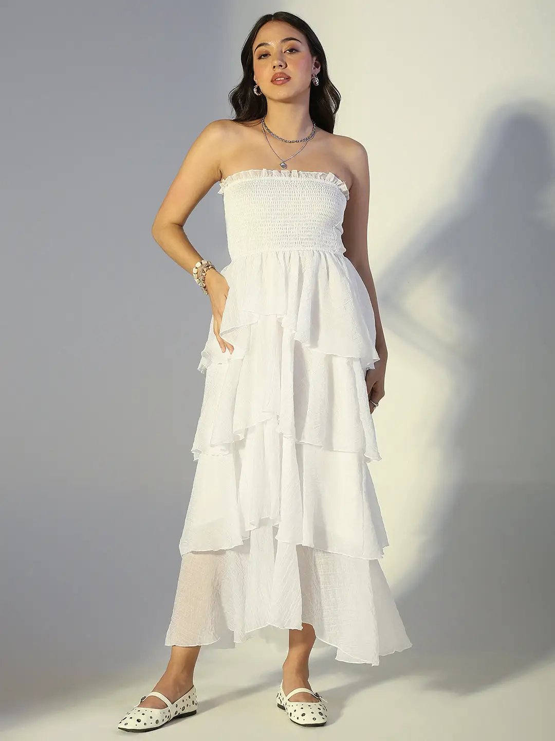 Women's White Smocked Strapless Layered Ruffle Dress