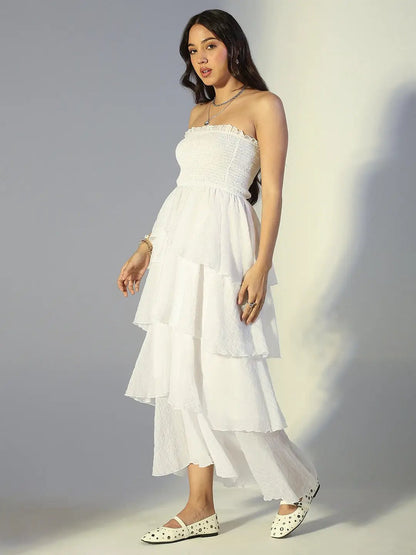 Women's White Smocked Strapless Layered Ruffle Dress