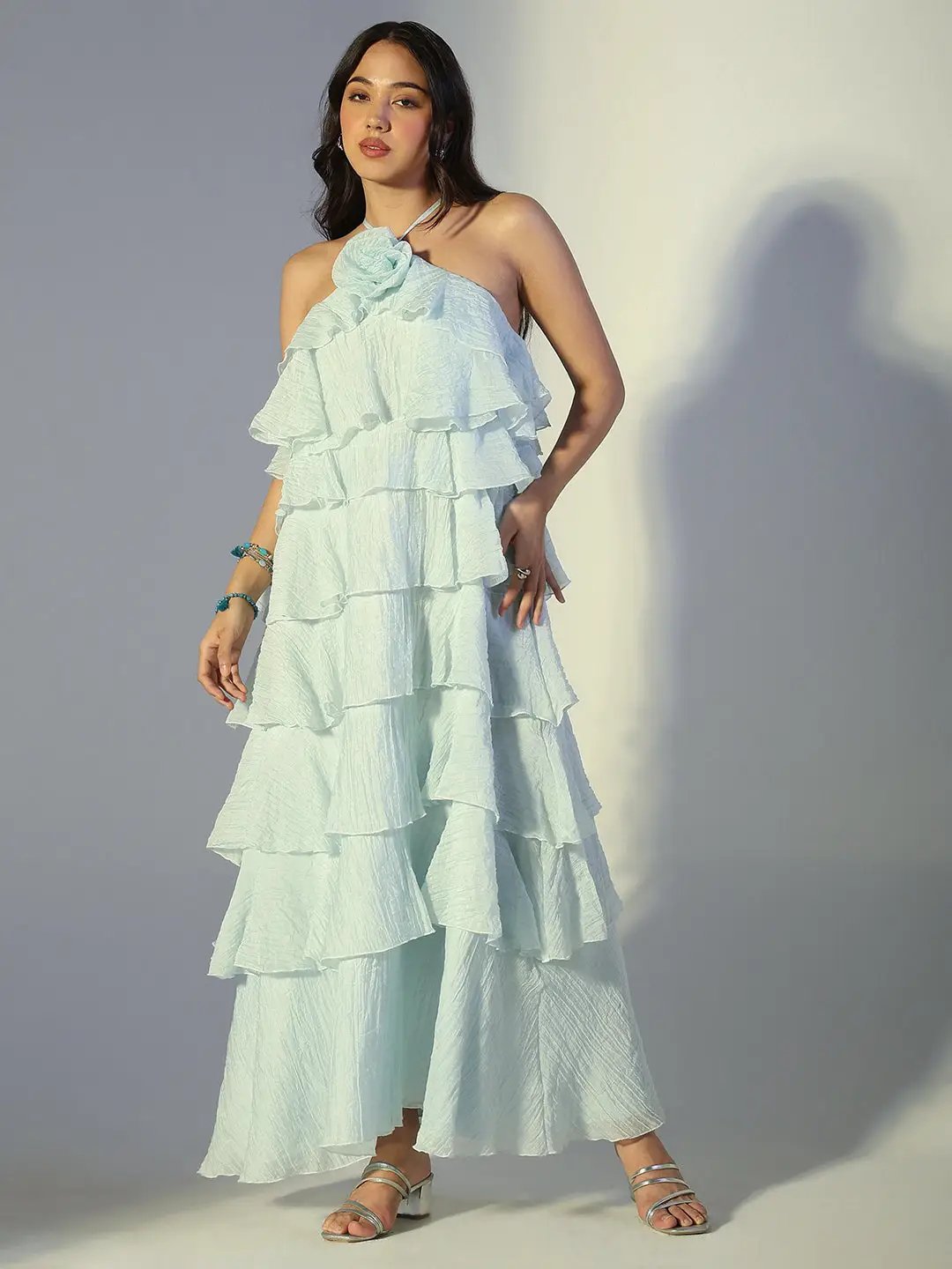 Women's Blue Tie-up Neck Layered Maxi Dress with Floral Detail