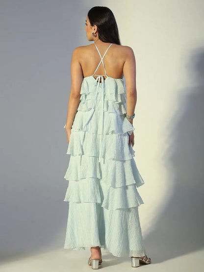 Women's Blue Tie-up Neck Layered Maxi Dress with Floral Detail