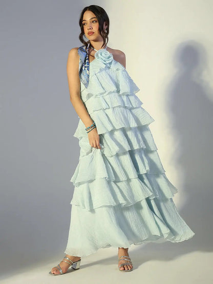 Women's Blue Tie-up Neck Layered Maxi Dress with Floral Detail