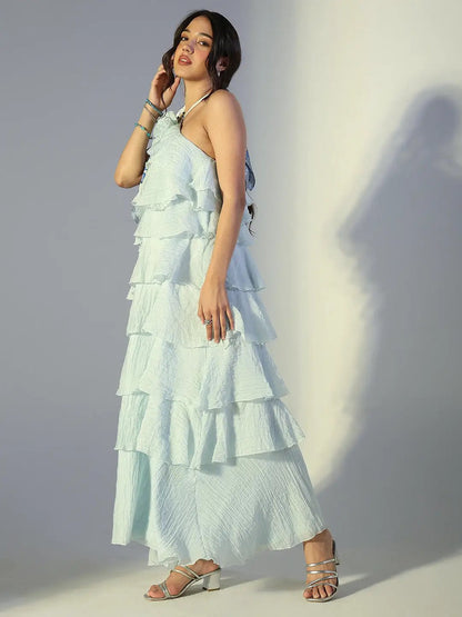 Women's Blue Tie-up Neck Layered Maxi Dress with Floral Detail