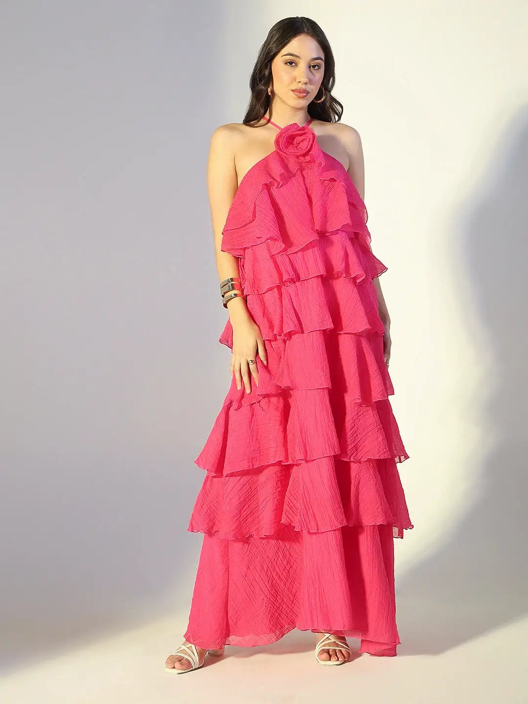 Women's Pink Tie-up Neck Layered Maxi Dress with Floral Detail