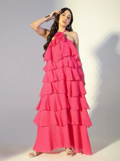 Women's Pink Tie-up Neck Layered Maxi Dress with Floral Detail