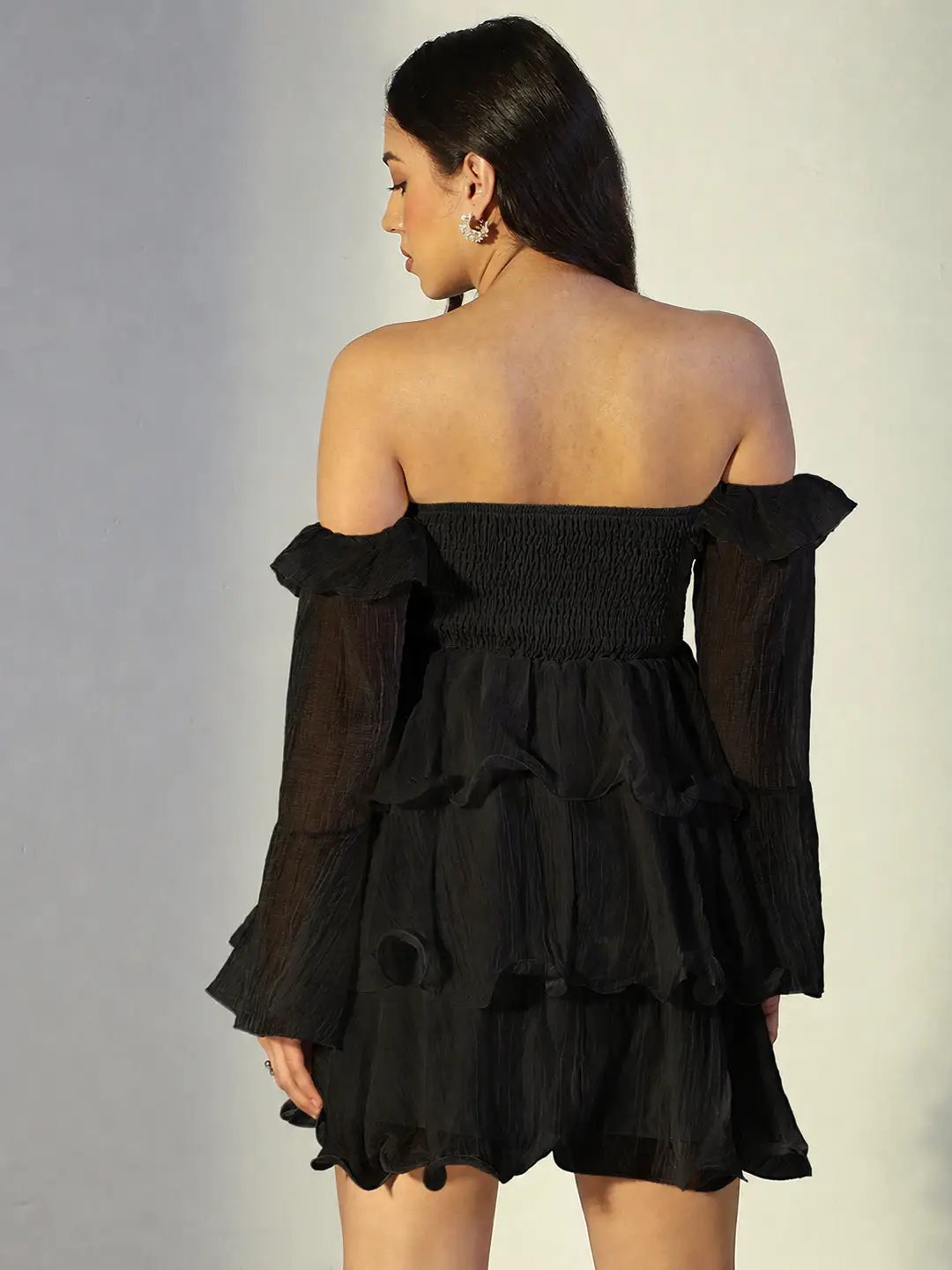 Women's Black Off Shoulder Ruffled Mini Dress with Flared Sleeves