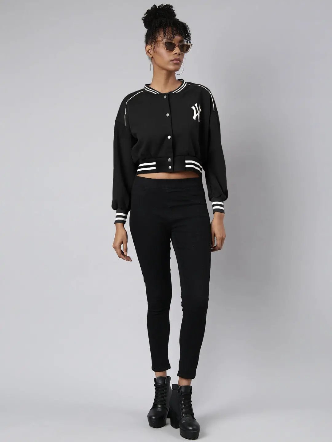 Women's Mandarin Collar Typography Black Crop Oversized Drop Shoulder Varsity Jacket