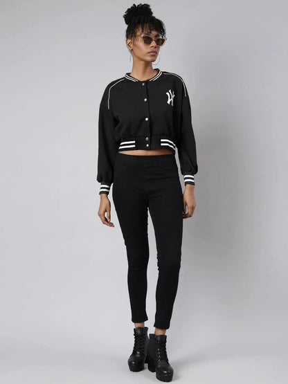Women's Mandarin Collar Typography Black Crop Oversized Drop Shoulder Varsity Jacket