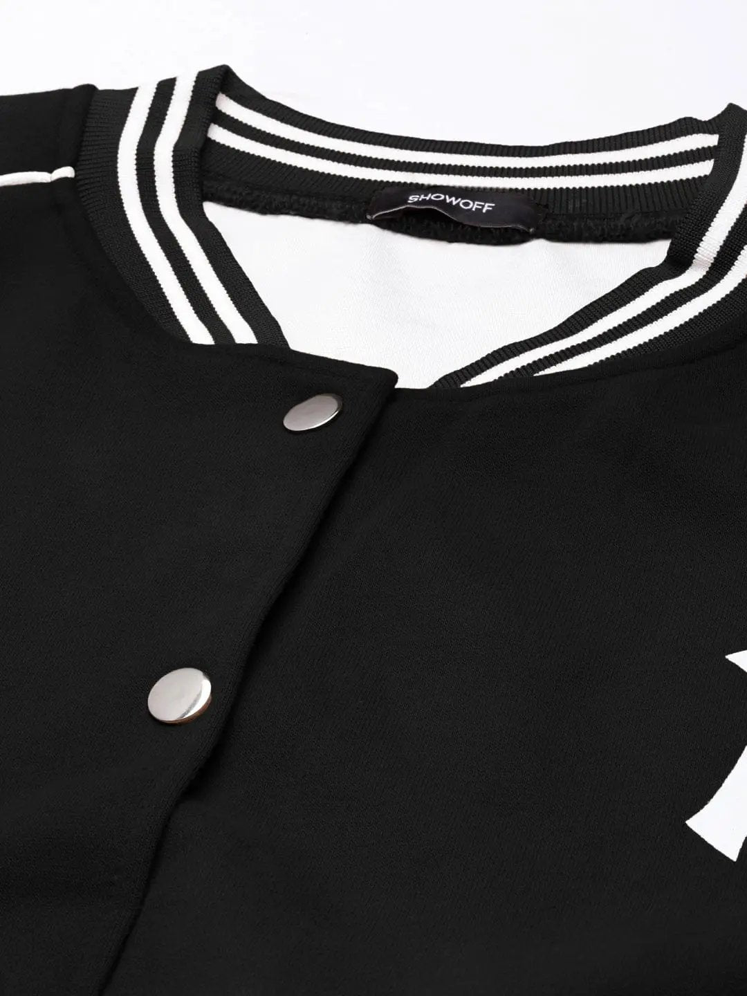 Women's Mandarin Collar Typography Black Crop Oversized Drop Shoulder Varsity Jacket