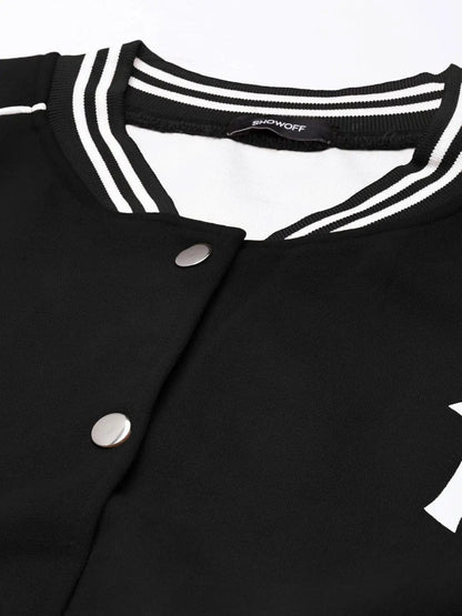 Women's Mandarin Collar Typography Black Crop Oversized Drop Shoulder Varsity Jacket