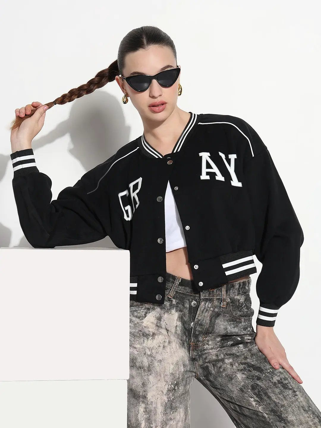 Women's Typography Black Mandarin Collar Relaxed Fit Varsity Jacket