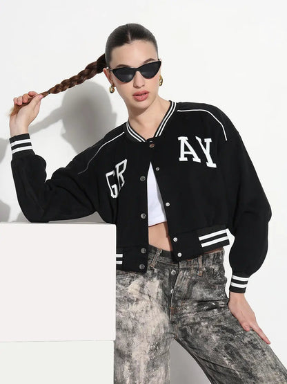 Women's Typography Black Mandarin Collar Relaxed Fit Varsity Jacket