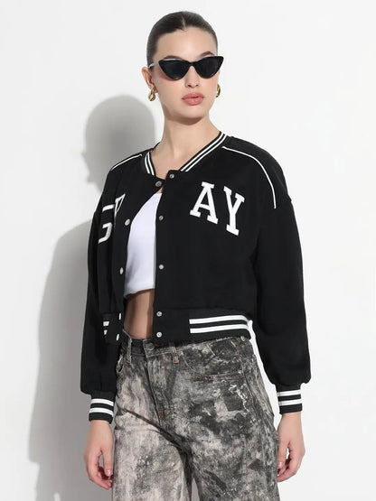 Women's Typography Black Mandarin Collar Relaxed Fit Varsity Jacket