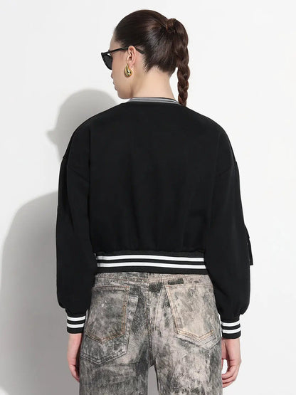 Women's Typography Black Mandarin Collar Relaxed Fit Varsity Jacket