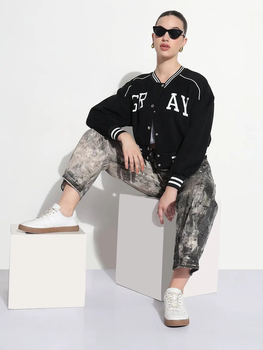 Women's Typography Black Mandarin Collar Relaxed Fit Varsity Jacket