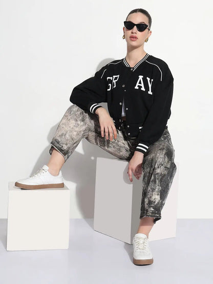 Women's Typography Black Mandarin Collar Relaxed Fit Varsity Jacket
