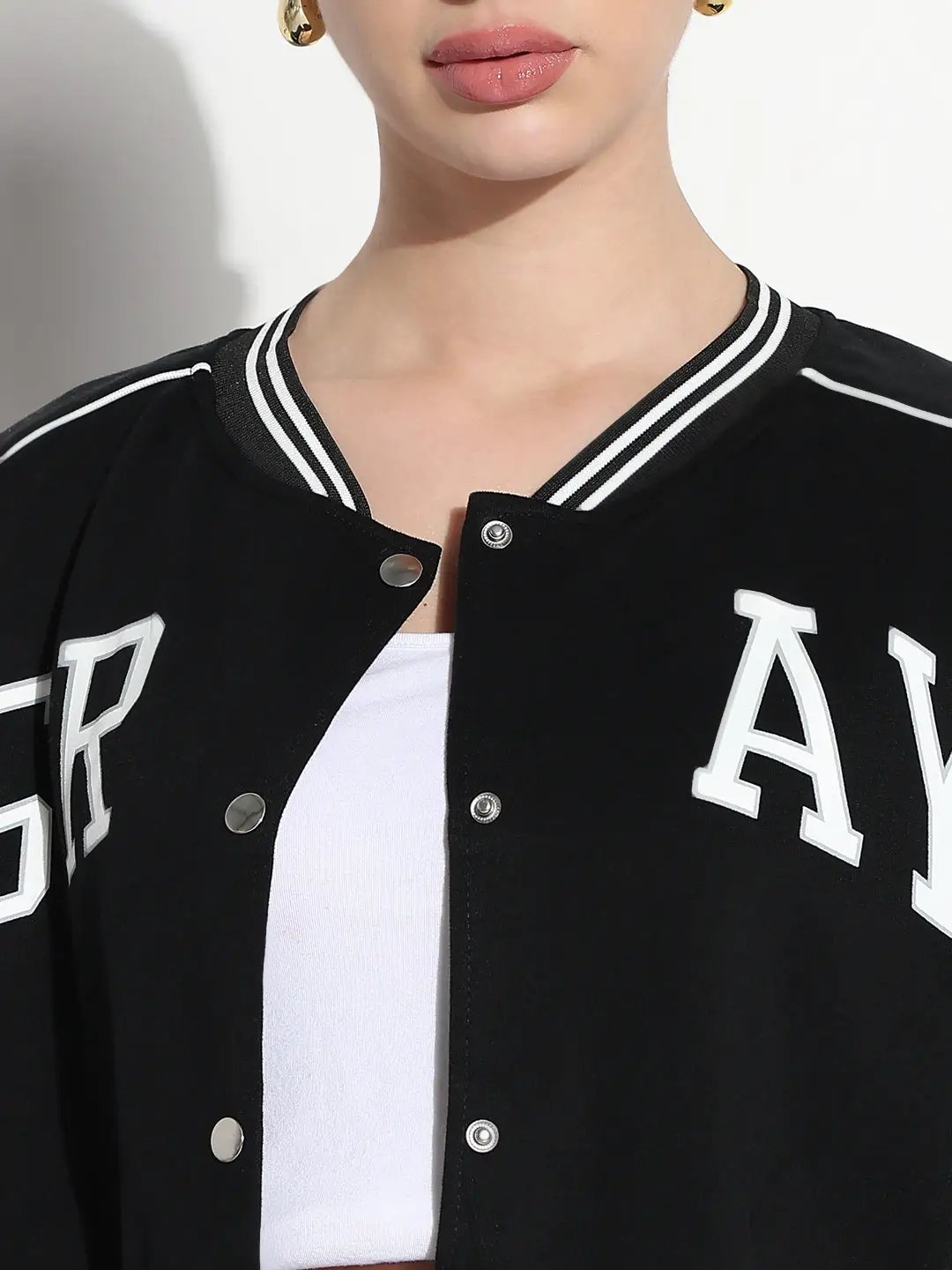 Women's Typography Black Mandarin Collar Relaxed Fit Varsity Jacket