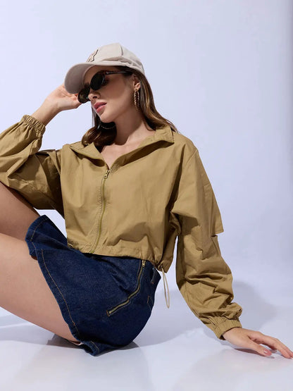 Women's Khaki Shirt Collar Crop Tailored Jacket with Slit Sleeve Details