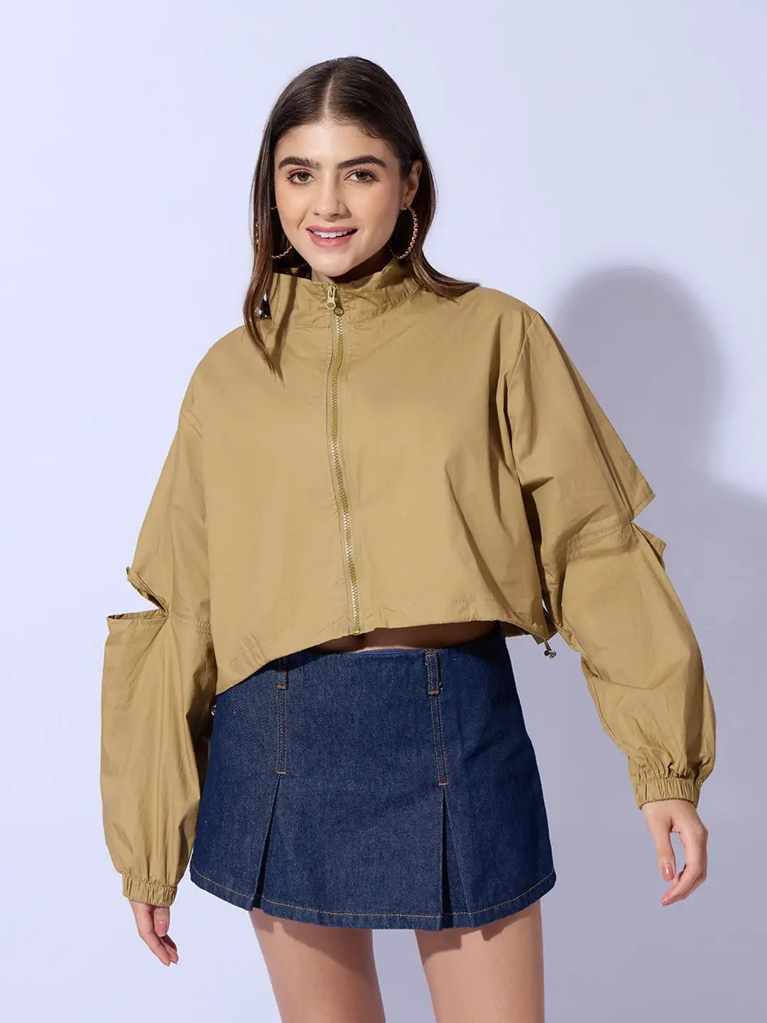 Women's Khaki Shirt Collar Crop Tailored Jacket with Slit Sleeve Details