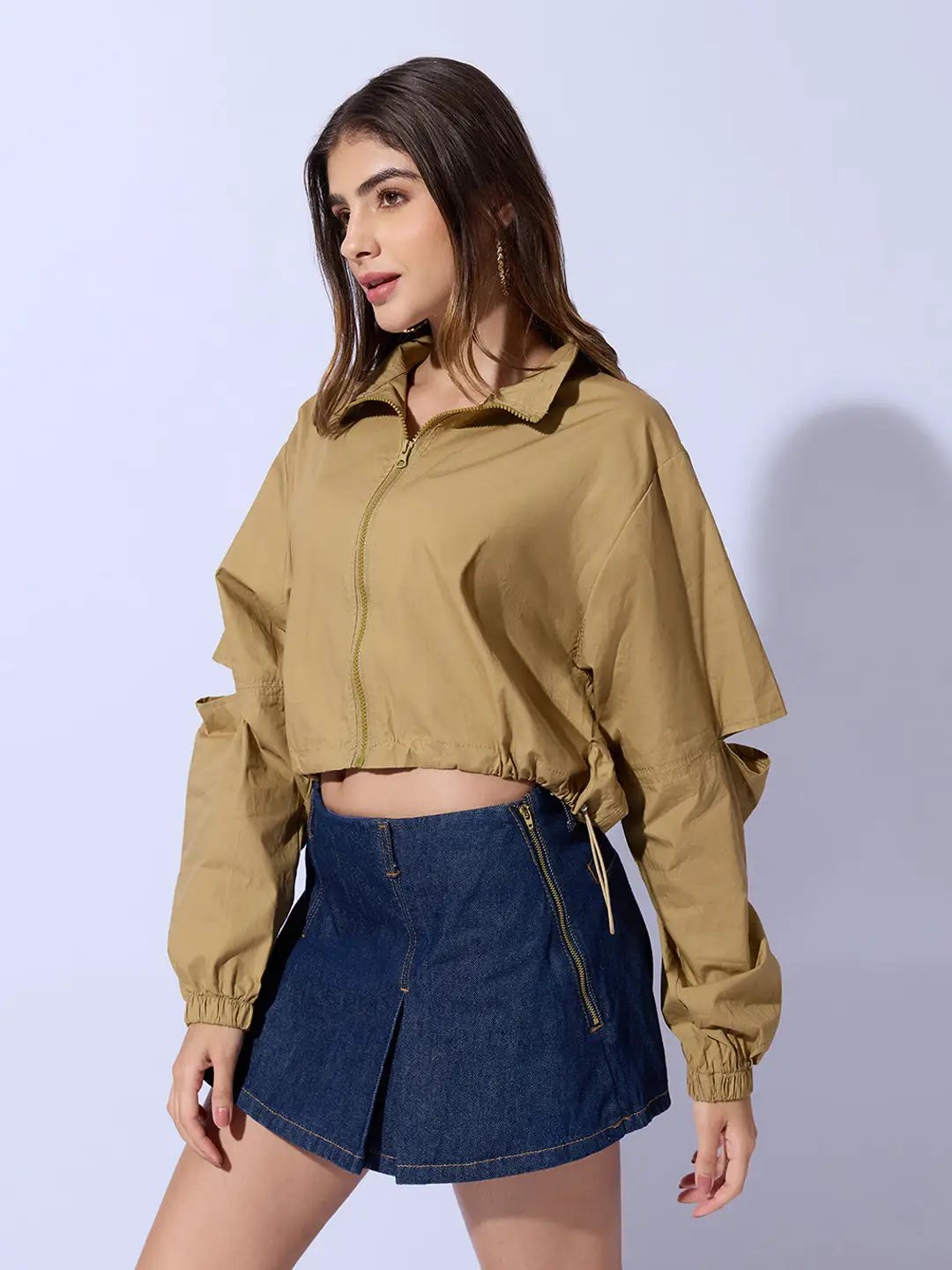 Women's Khaki Shirt Collar Crop Tailored Jacket with Slit Sleeve Details