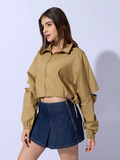 Women's Khaki Shirt Collar Crop Tailored Jacket with Slit Sleeve Details