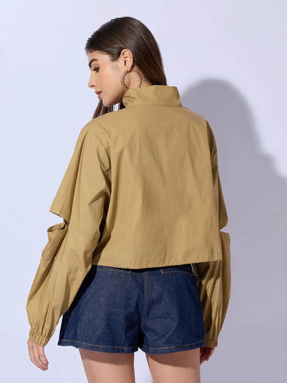 Women's Khaki Shirt Collar Crop Tailored Jacket with Slit Sleeve Details
