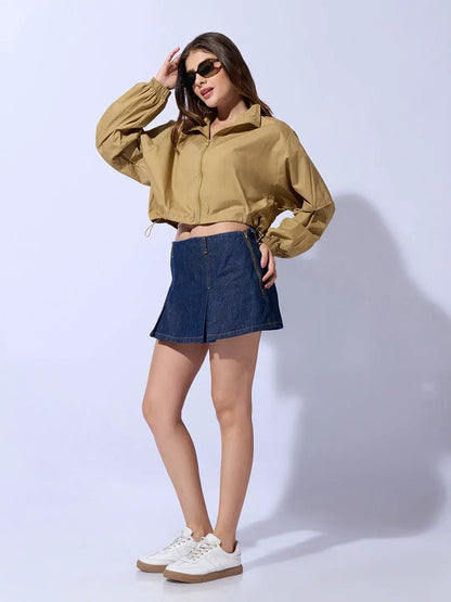 Women's Khaki Shirt Collar Crop Tailored Jacket with Slit Sleeve Details