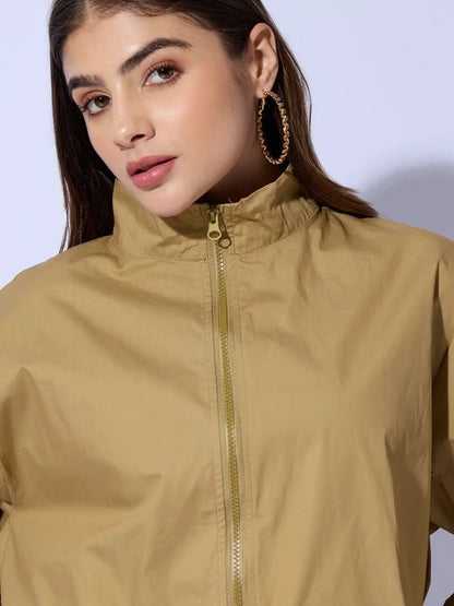 Women's Khaki Shirt Collar Crop Tailored Jacket with Slit Sleeve Details