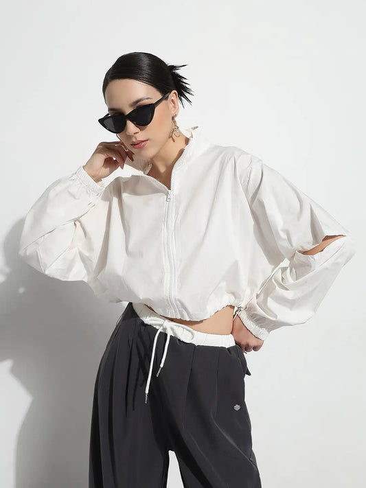 Women's White Shirt Collar Crop Tailored Jacket with Slit Sleeve Details