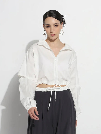 Women's White Shirt Collar Crop Tailored Jacket with Slit Sleeve Details